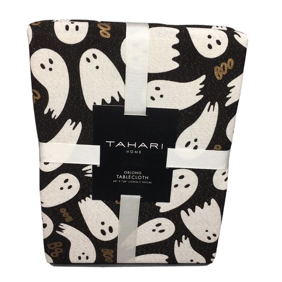 Tahari Halloween Ghost Boo Tablecloth 60x120 Black Silver Sparkle Gold Cotton - Picture 1 of 6